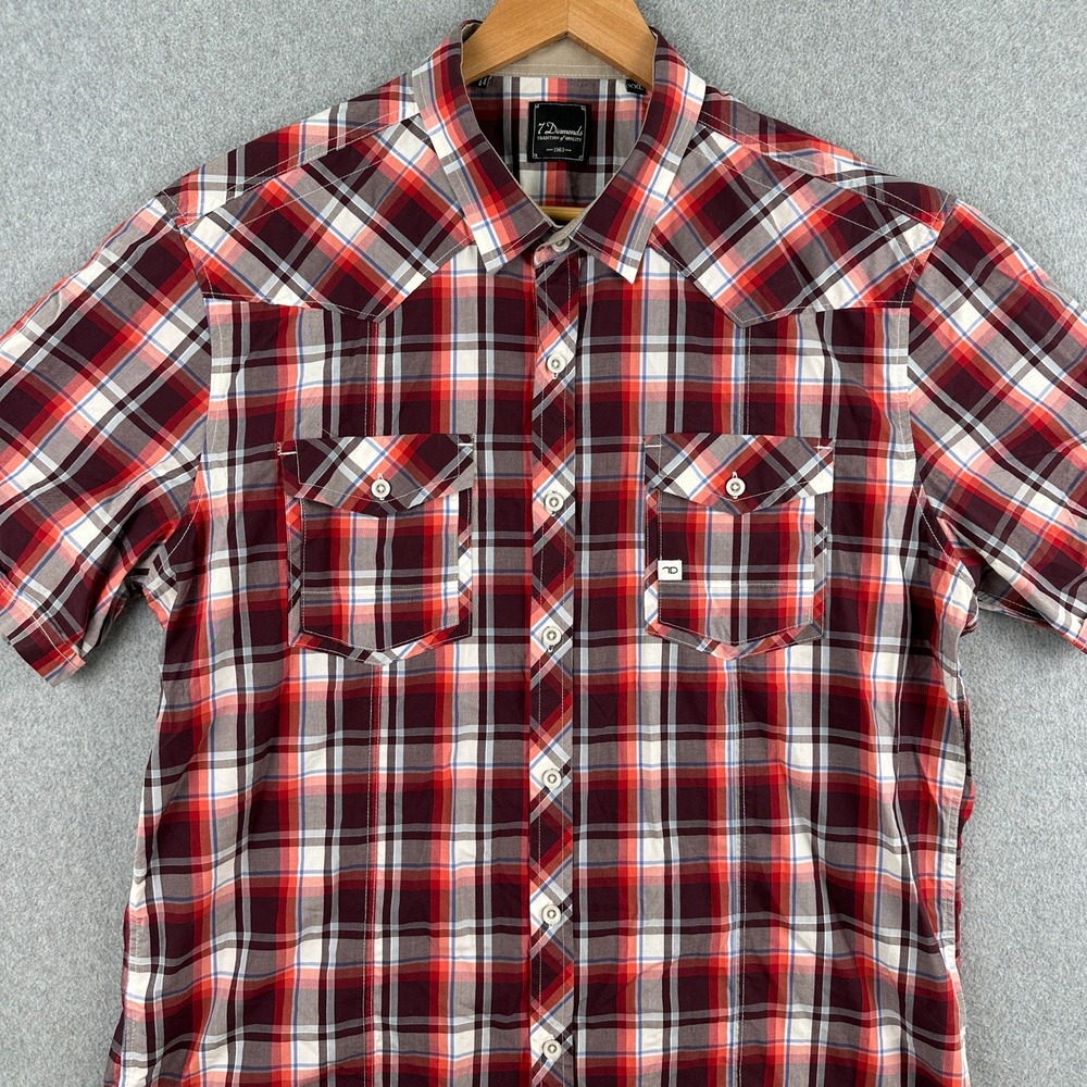 7 Diamonds Button Up‎ Mens XXL Red Plaid Short Sleeve Western Shirt Cotton